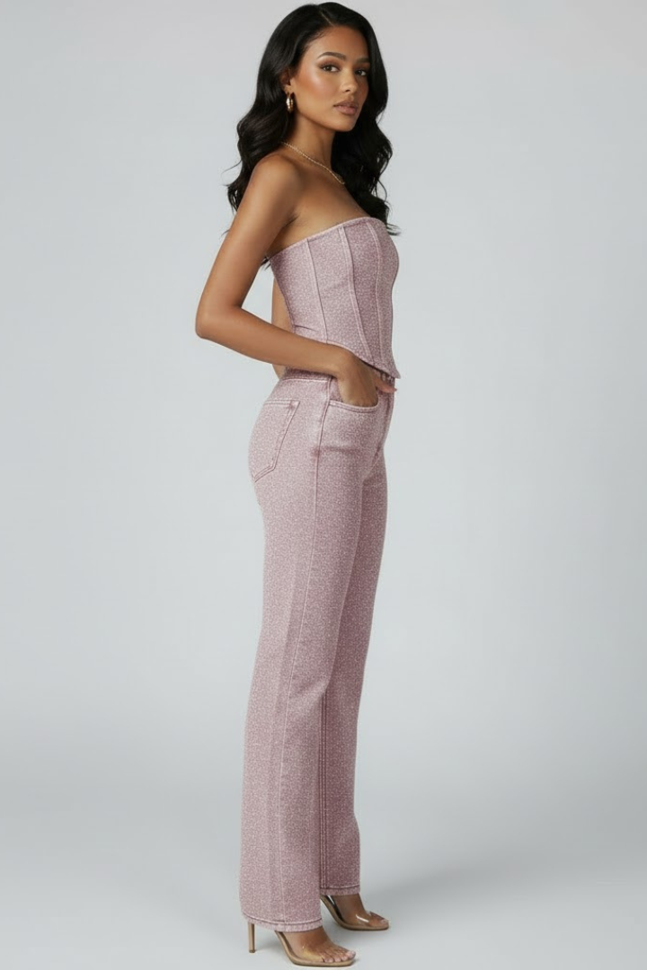Women’s Strapless Top with High-Waisted Trousers Set