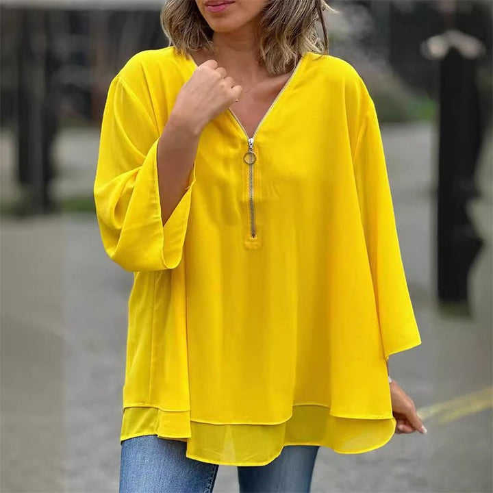 Melanie | Chiffon Zipper Top With V-neck