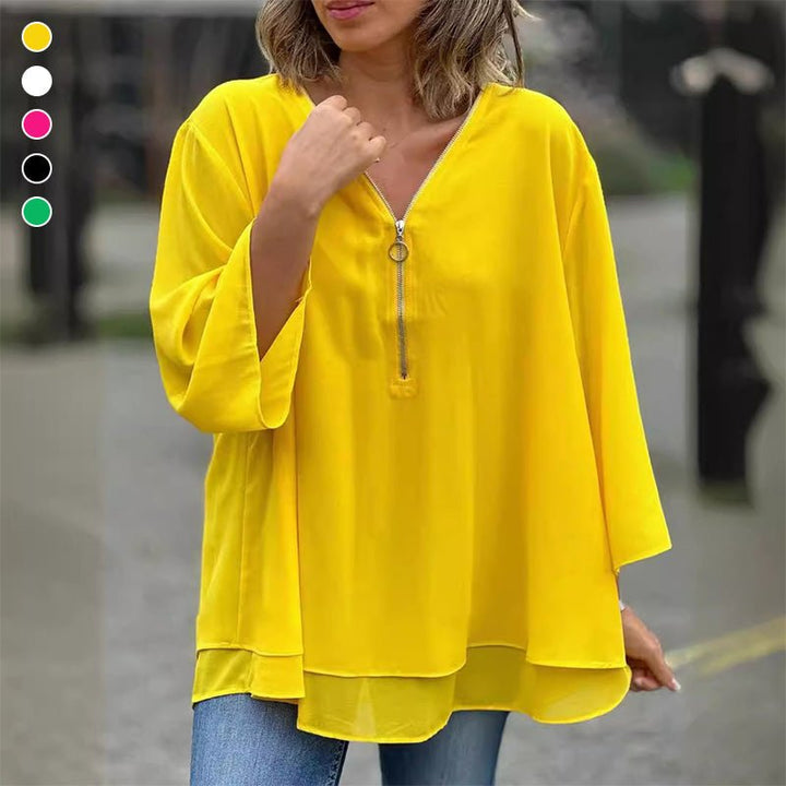 Melanie | Chiffon Zipper Top With V-neck