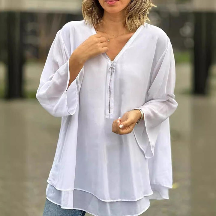 Melanie | Chiffon Zipper Top With V-neck